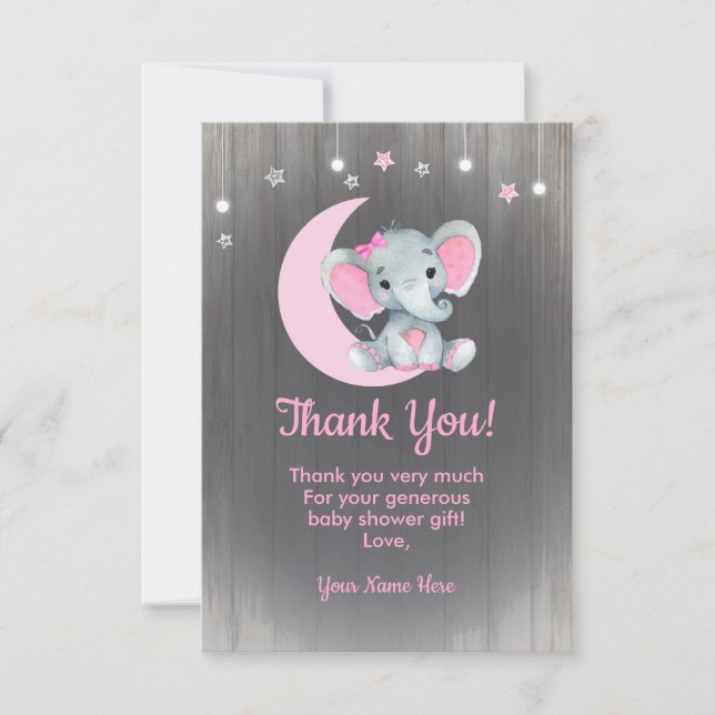 Watercolor Girl Elephant Thank You Card Pink (Front)