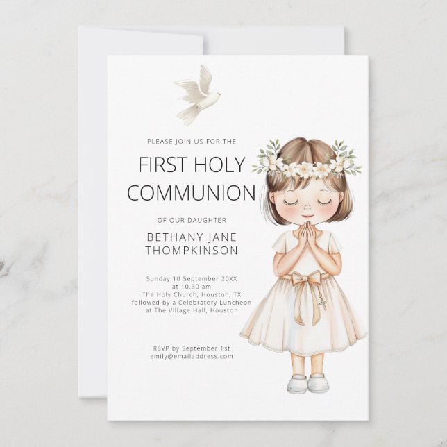  Watercolor Girl First Holy Communion White Invitation (Front)