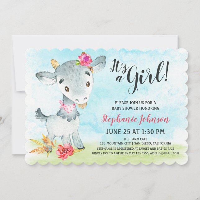 Watercolor Girl Goat Baby Shower Farm Invitation (Front)