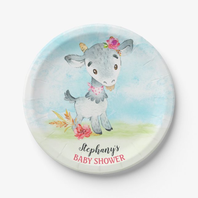Watercolor Girl Goat Baby Shower Farm Paper Plate (Front)
