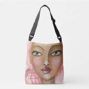 Watercolor Girl Green Eyes Pink Hair Cute Fun Art Crossbody Bag