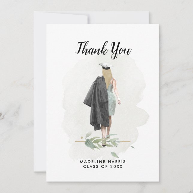 Watercolor Girl Greenery Custom Photo Graduation Thank You Card (Front)