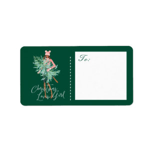 Watercolor Girl Holding Evergreen Christmas Tree Label