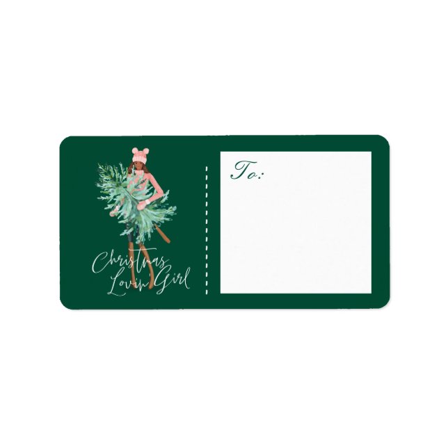 Watercolor Girl Holding Evergreen Christmas Tree Label (Front)