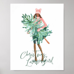 Watercolor Girl Holding Evergreen Christmas Tree Poster