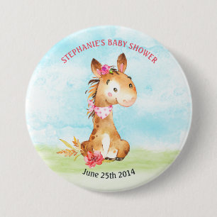 Watercolor Girl Horse Baby Shower Farm 7.5 Cm Round Badge
