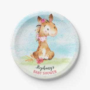 Watercolor Girl Horse Baby Shower Farm Paper Plate