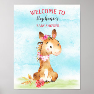 Watercolor Girl Horse Baby Shower Farm Poster