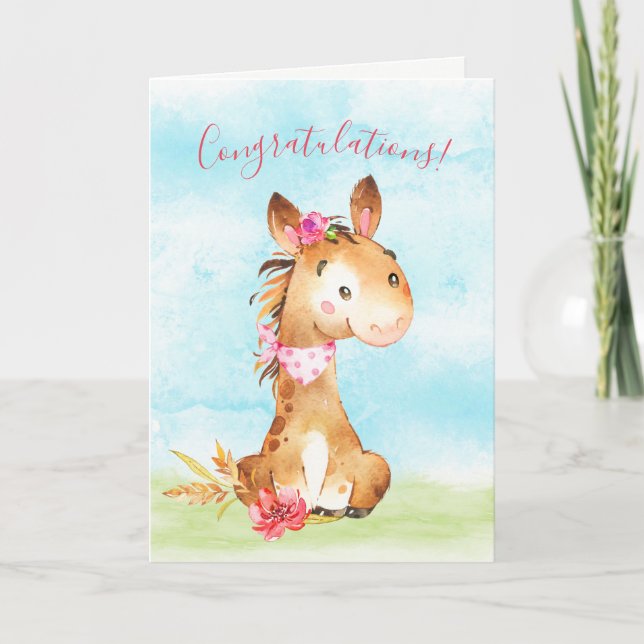 Watercolor Girl Horse Congratulations Card (Front)