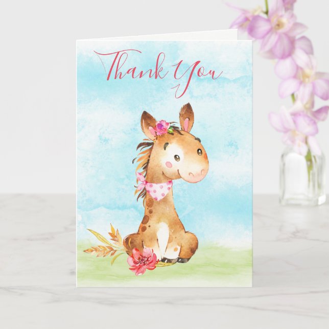 Watercolor Girl Horse Farm Thank You Card (Orchid)