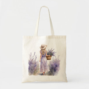 Watercolor Girl Lavender Field Tote Bag