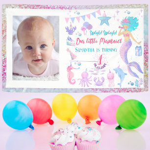 Watercolor Girl Mermaid 1st Birthday Party Banner
