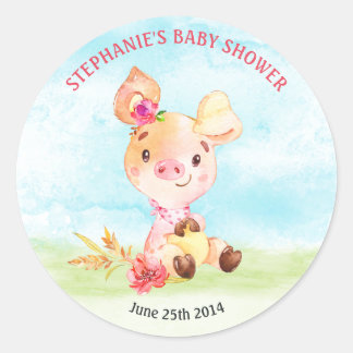 Watercolor Girl Piggy Baby Shower Farm Classic Round Sticker