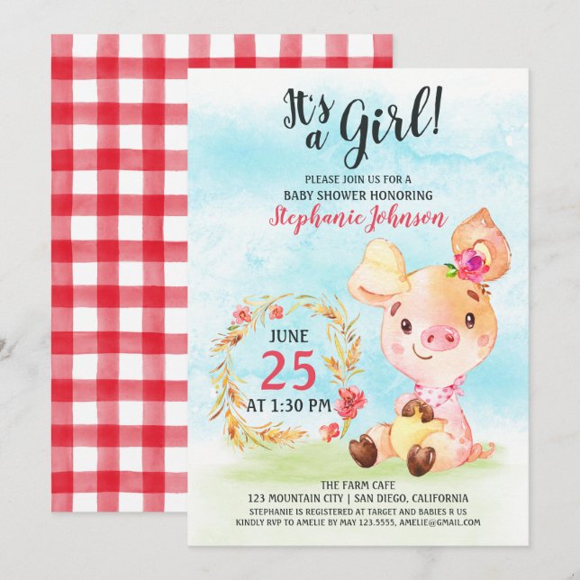 Watercolor Girl Piggy Baby Shower Farm Invitation (Front/Back)