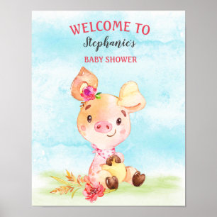 Watercolor Girl Piggy Baby Shower Farm Poster