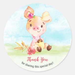 Watercolor Girl Piggy Baby Shower Farm Thank You Classic Round Sticker