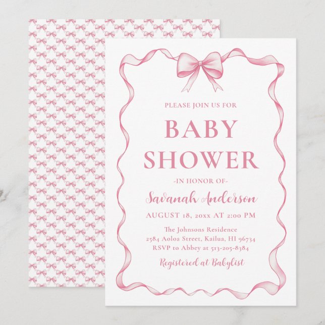 Watercolor Girl Ribbon Blush Pink Bow Baby Shower Invitation (Front/Back)