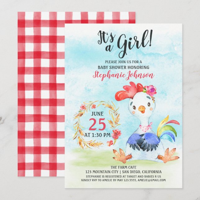 Watercolor Girl Rooste Baby Shower Farm Invitation (Front/Back)