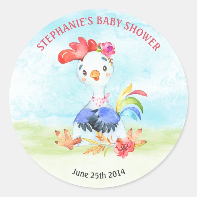 Watercolor Girl Rooster Baby Shower Farm Classic Round Sticker (Front)