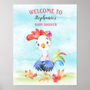 Watercolor Girl Rooster Baby Shower Farm Poster