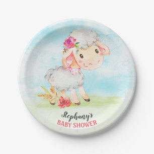 Watercolor Girl Sheep Baby Shower Farm Paper Plate