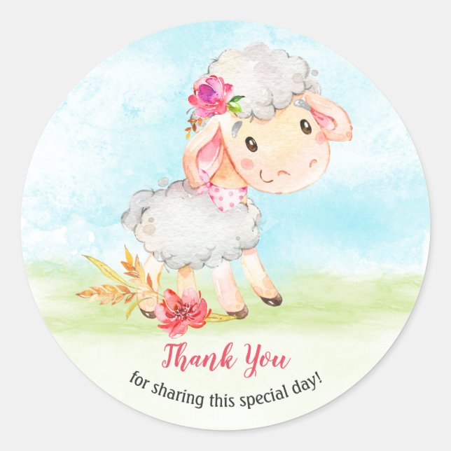 Watercolor Girl Sheep Farm Thank You Classic Round Sticker (Front)