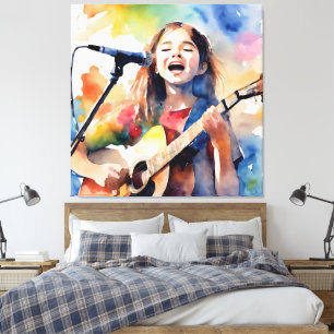 Watercolor Girl Singing and Playing Guitar, Colorf Canvas Print