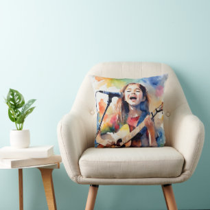 Watercolor Girl Singing and Playing Guitar, Colorf Cushion