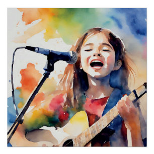 Watercolor Girl Singing and Playing Guitar, Colorf Poster