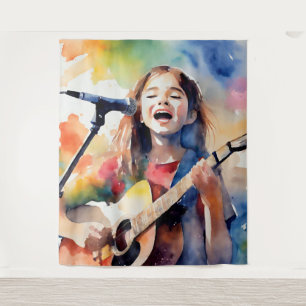 Watercolor Girl Singing and Playing Guitar, Colorf Tapestry