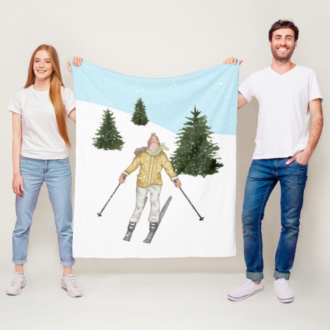 Watercolor Girl Skiing In Snowy Winter Scene Fleece Blanket (In Situ)