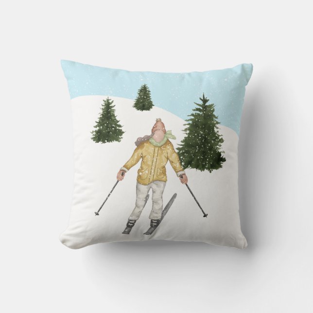 Watercolor Girl Skiing In Winter Slopes With Trees Cushion (Front)