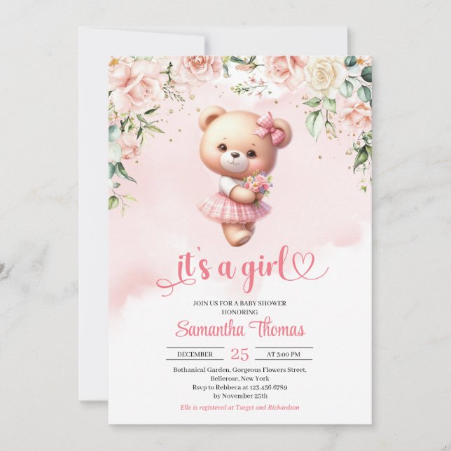 Watercolor girl teddy bear with heart and flowers  invitation (Front)