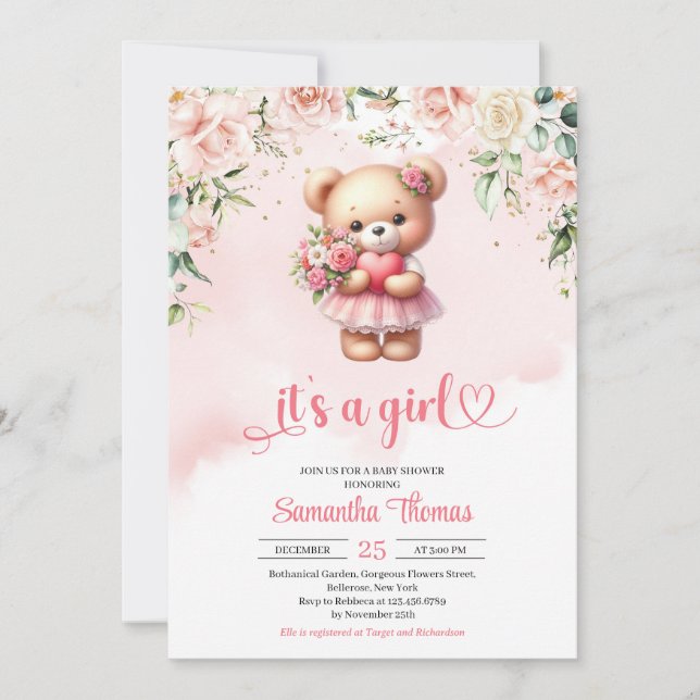 Watercolor girl teddy bear with heart and flowers  invitation (Front)