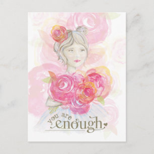 Watercolor girl with flowers _ You Are Enough Postcard
