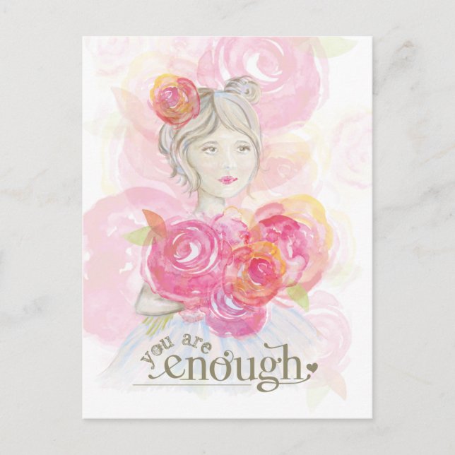 Watercolor girl with flowers _ You Are Enough Postcard (Front)
