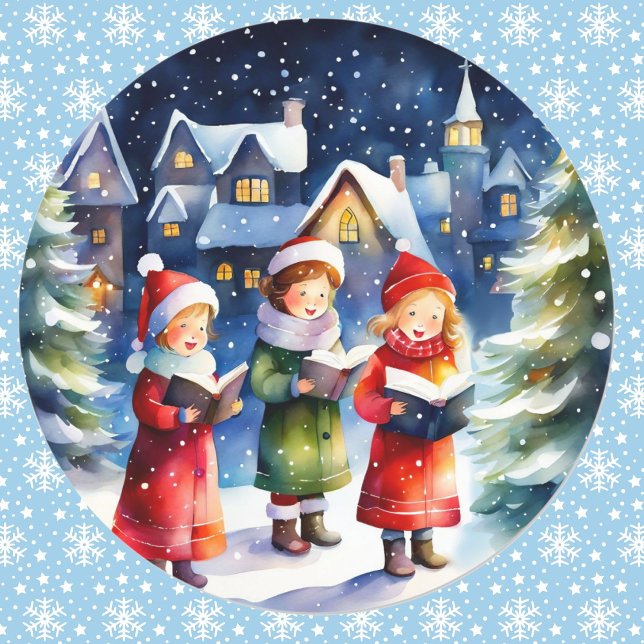 Watercolor Girls Christmas Carols in Snow Classic Round Sticker (Creator Uploaded)