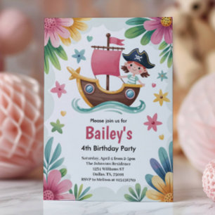 Watercolor Girls Pirate 4th Birthday Party Invitation