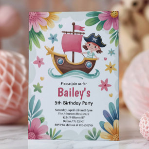 Watercolor Girls Pirate Birthday Party Invitation