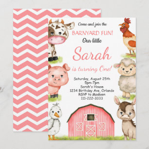 Watercolor Girly Farm Animals Birthday Invitation