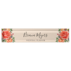 Watercolor Girly Modern Floral Orange Business Nameplate