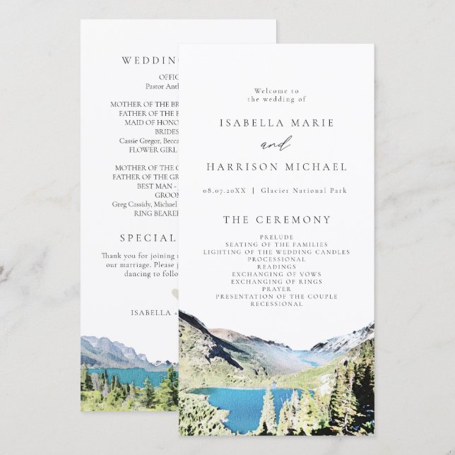 Watercolor Glacier National Park Wedding Program Thank You Card (Front/Back)