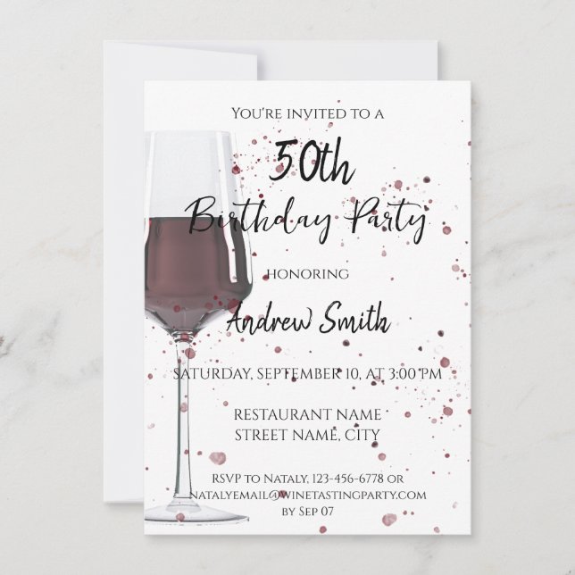 Watercolor glass of red wine invitation (Front)