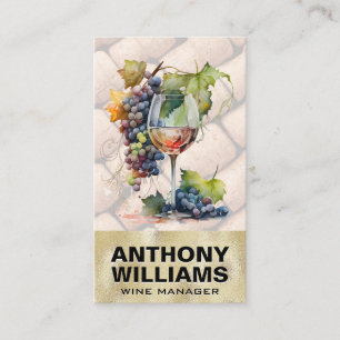 Watercolor Glass of Wine Grapes   Corks Business Card