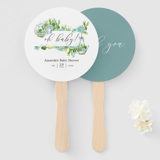 Watercolor Glass Terrarium Succulents Baby Shower Hand Fan (Front and Back)