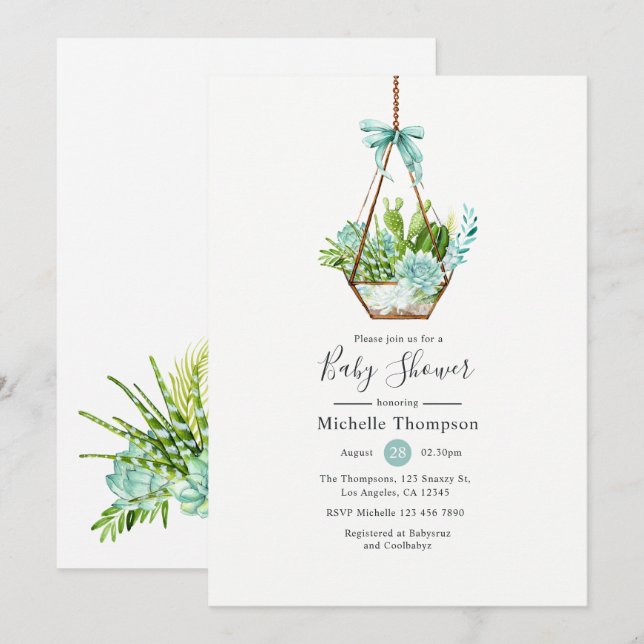 Watercolor Glass Terrarium Succulents Baby Shower Invitation (Front/Back)