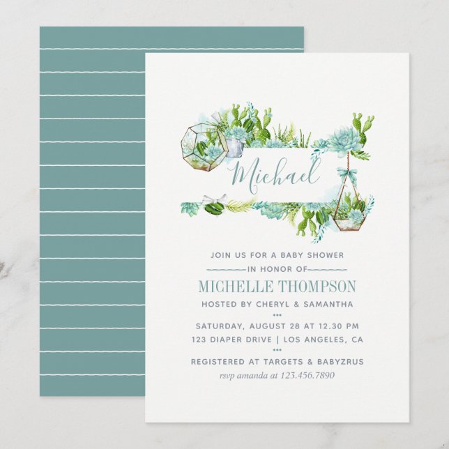 Watercolor Glass Terrarium Succulents Baby Shower Invitation (Front/Back)