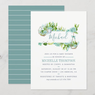 Watercolor Glass Terrarium Succulents Baby Shower Invitation