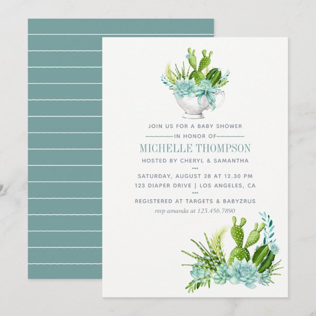 Watercolor Glass Terrarium Succulents Baby Shower Invitation (Front/Back)