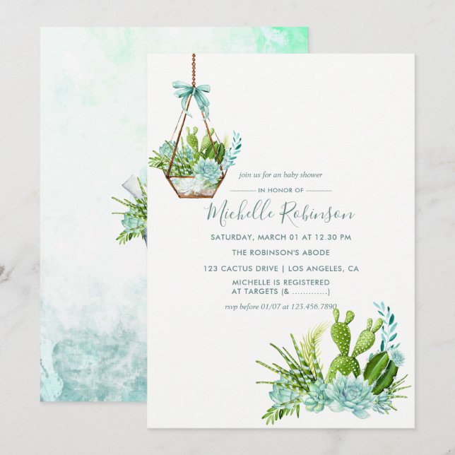 Watercolor Glass Terrarium Succulents Baby Shower Invitation (Front/Back)